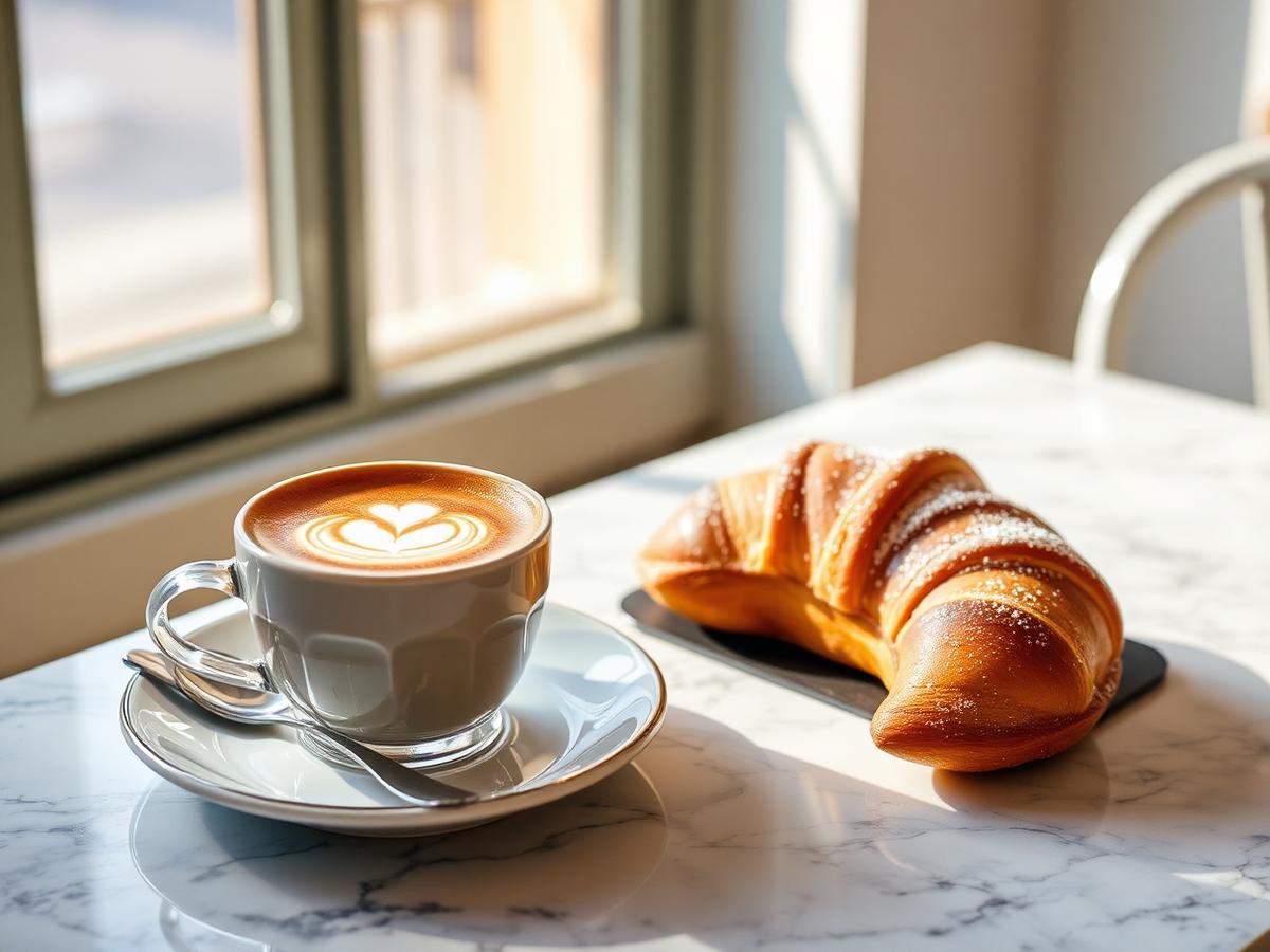 Cappuccino e cornetto alla crema sul banco del bar