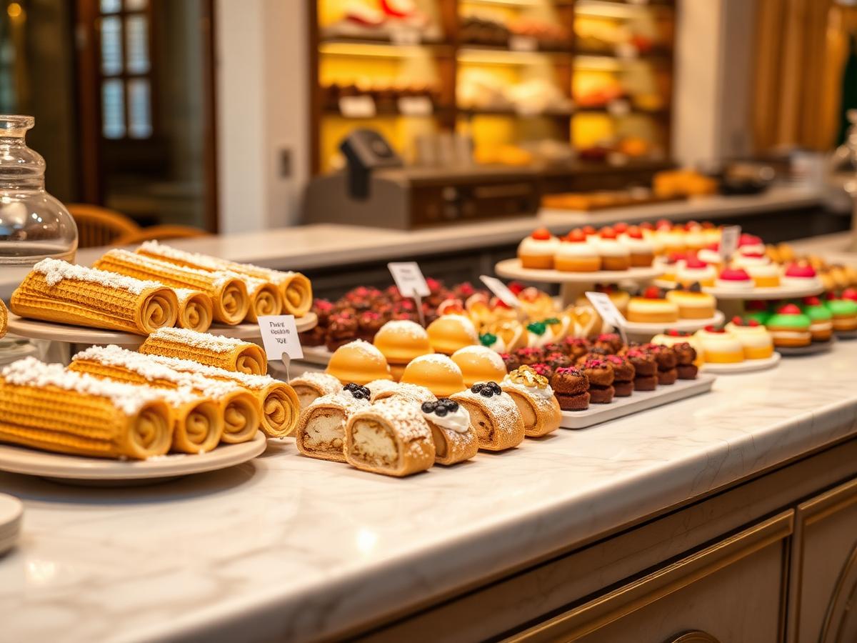 Vetrina di pasticceria siciliana con cannoli e cassate